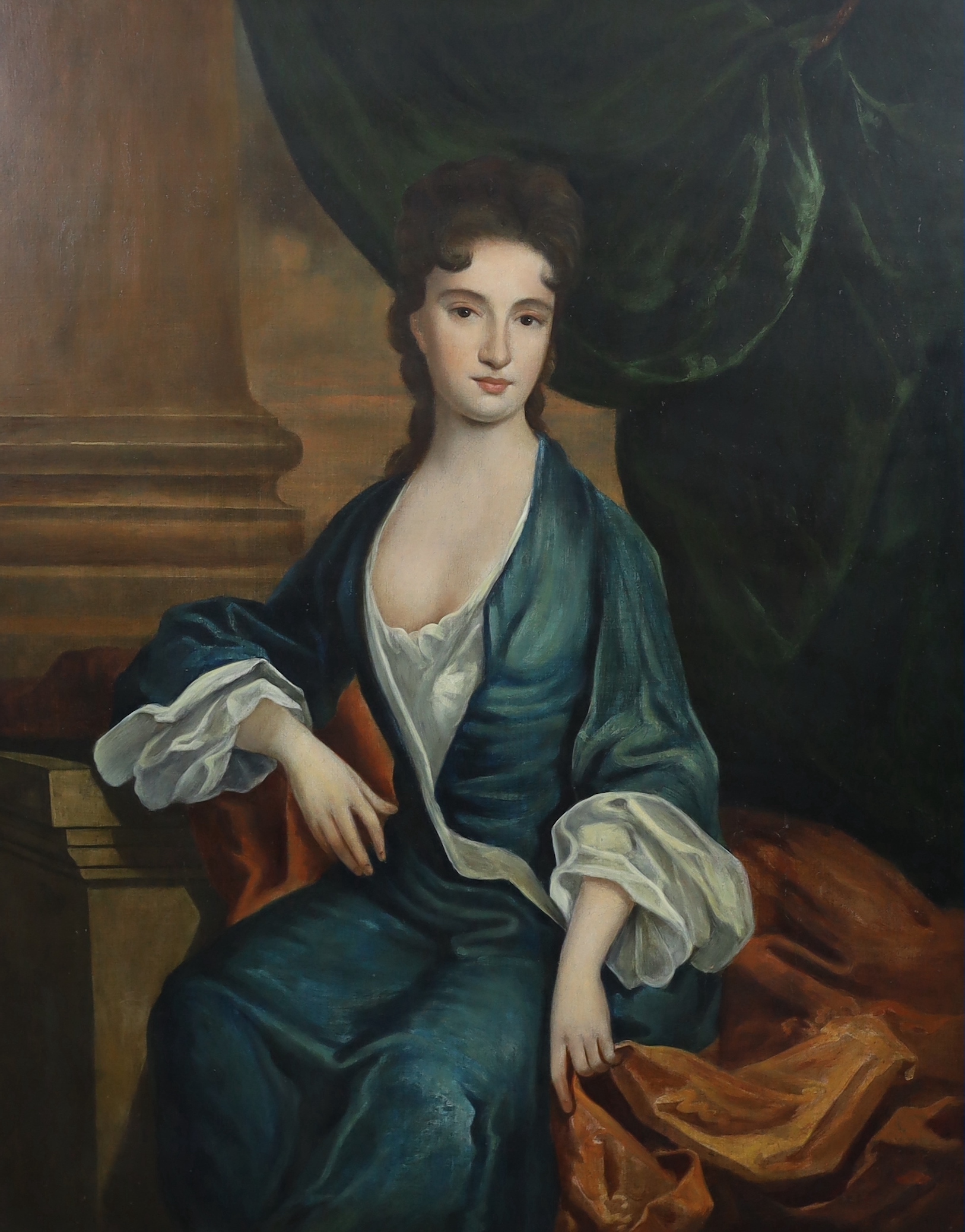 Follower of Jonathan Richardson (British, 1665-1745), Portrait of a lady, half length, seated wearing a blue dress, oil on canvas, 126 x 101cm